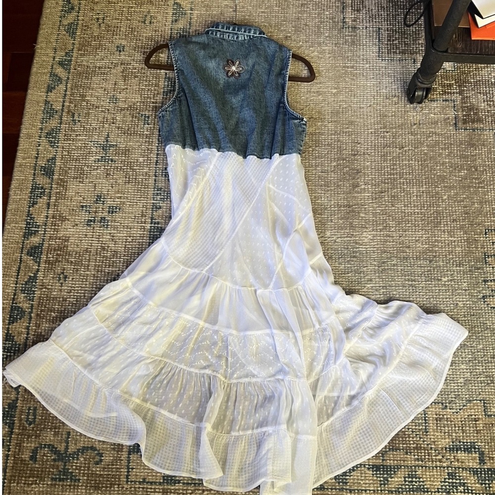 Denim Patchwork Cowgirl Dress L Midi Embroidered Romantic Tiered Festival